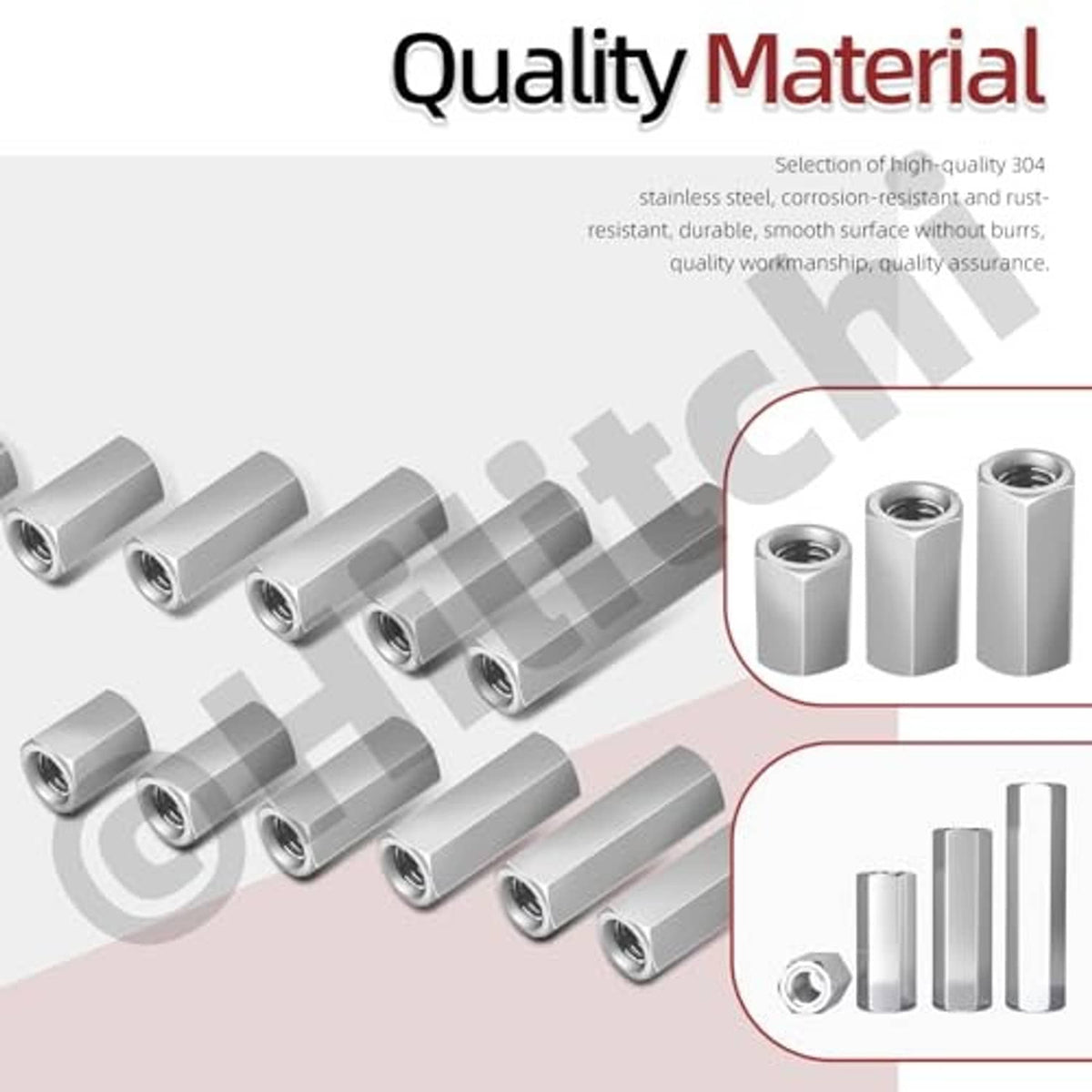 Stainless steel hex coupling nuts with internal threads, arranged in rows on light background