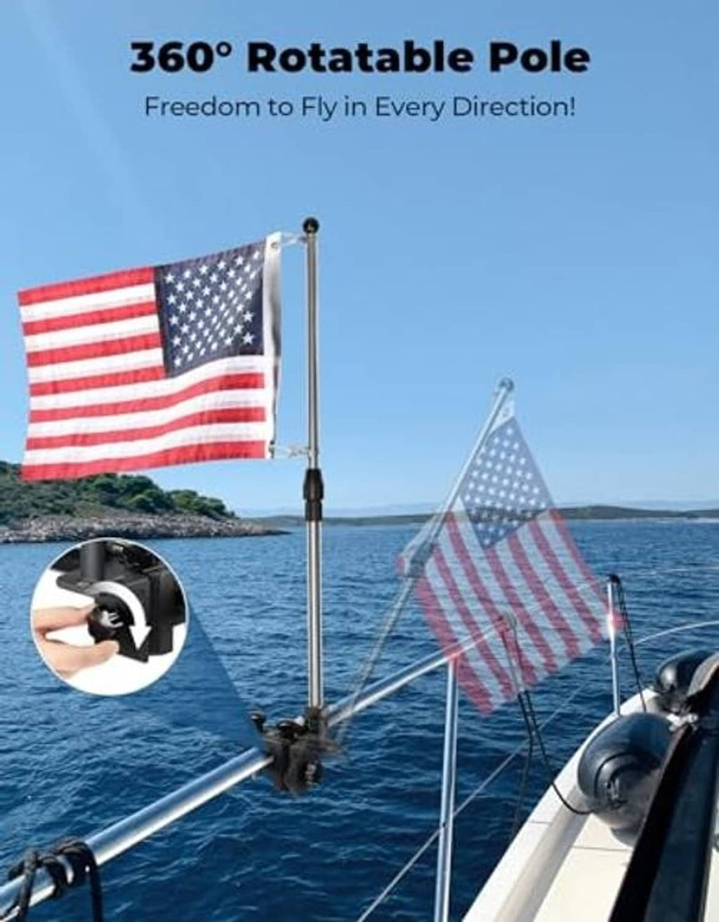 360° rotating boat flag pole with stainless mast and black base clamp