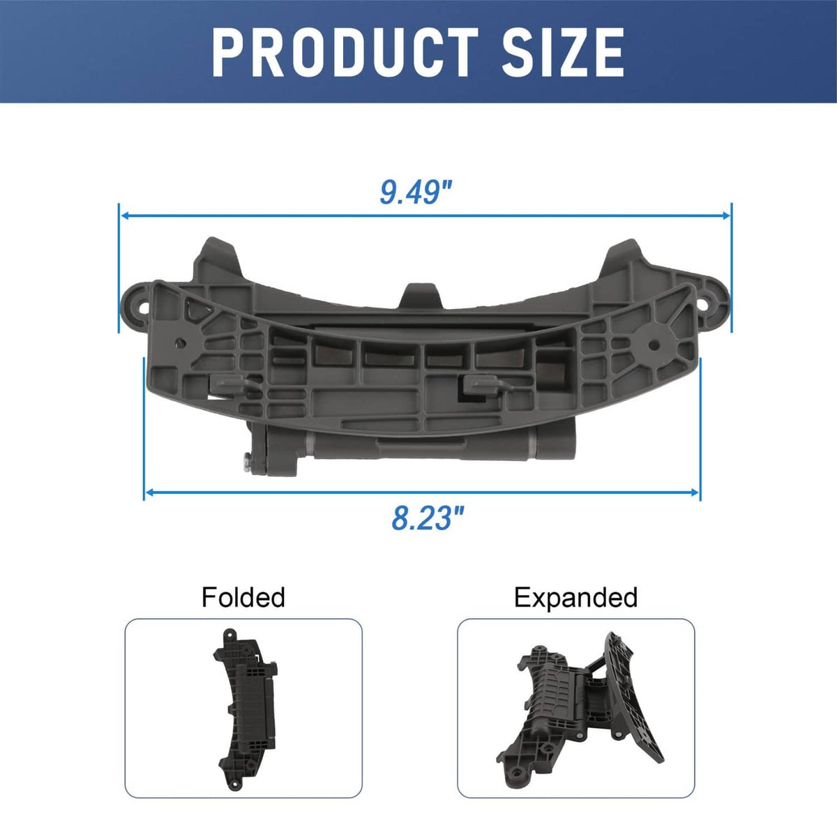 Washer door hinge with dark plastic frame, shown expanded and folded