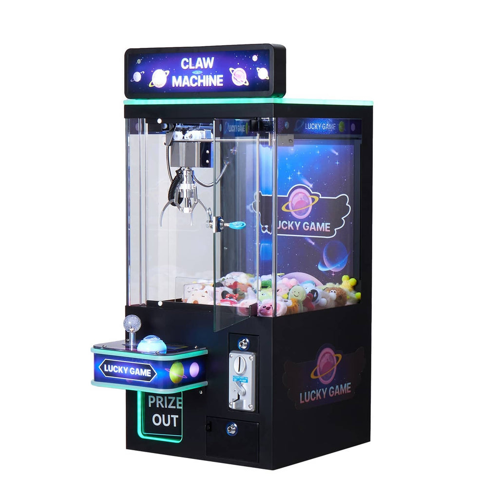 Claw crane arcade game with transparent glass chamber and hanging claw mechanism