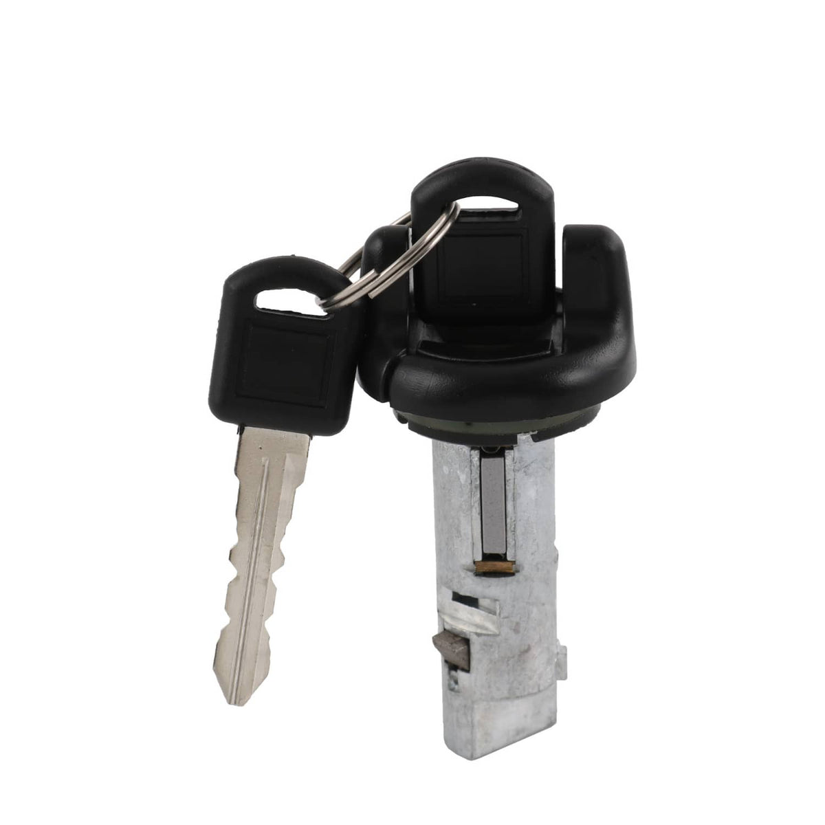 Ignition key switch cylinder with two keys, black lock housing and silver cylinder