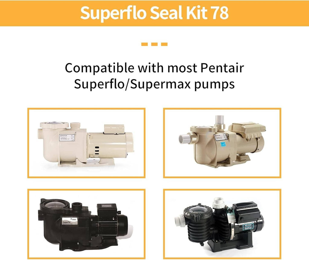 Pool pump seal kit for Superflo/Supermax pumps, shown with compatible pump photos