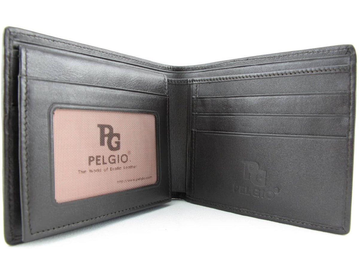 Pelgio leather wallet interior with card slots and brand logo patch, chocolate brown