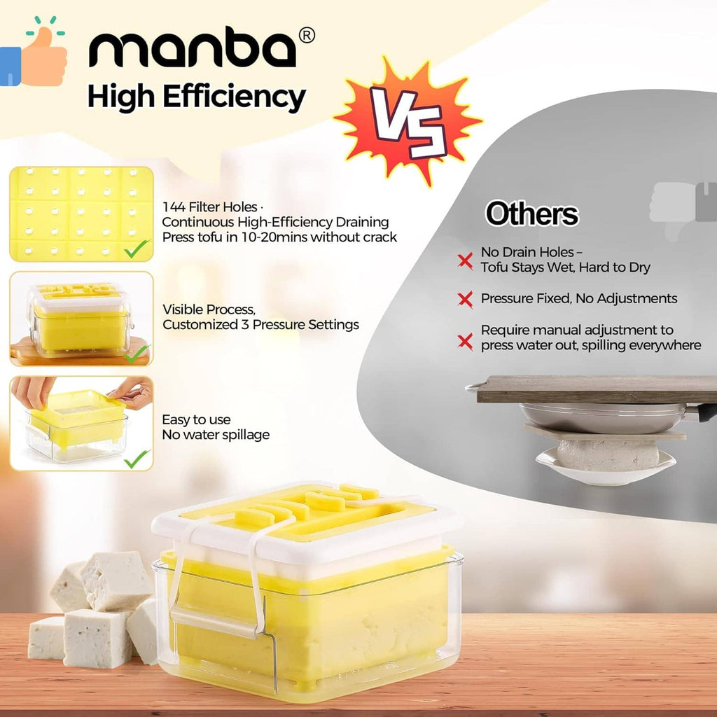 manna tofu press with yellow tray and clear container; compact design on a kitchen counter.