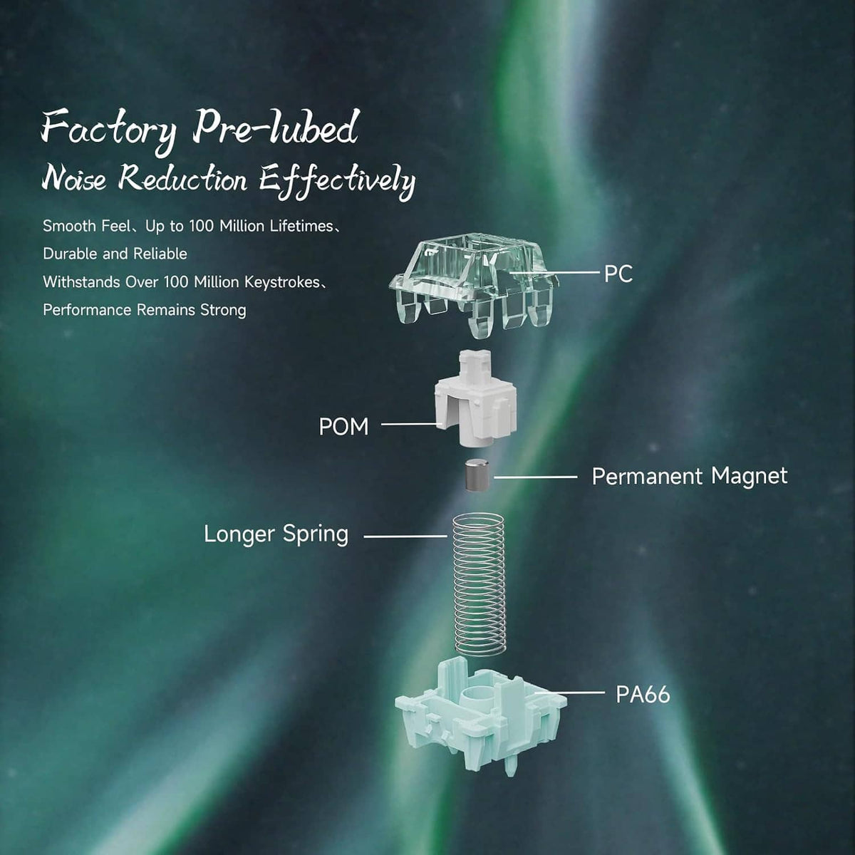 Magnetic linear keyboard switch components, white stem, spring, and magnet areas shown
