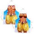 Novelty Hawaiian aprons, blue chest print with flower garland and yellow grass skirt (2-pack)