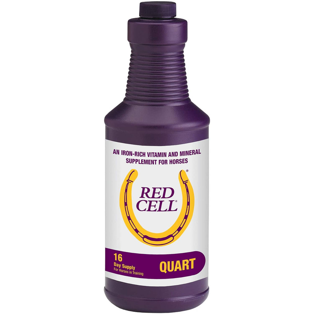 Liquid vitamin and mineral supplement bottle for horses, purple cap, Red Cell label