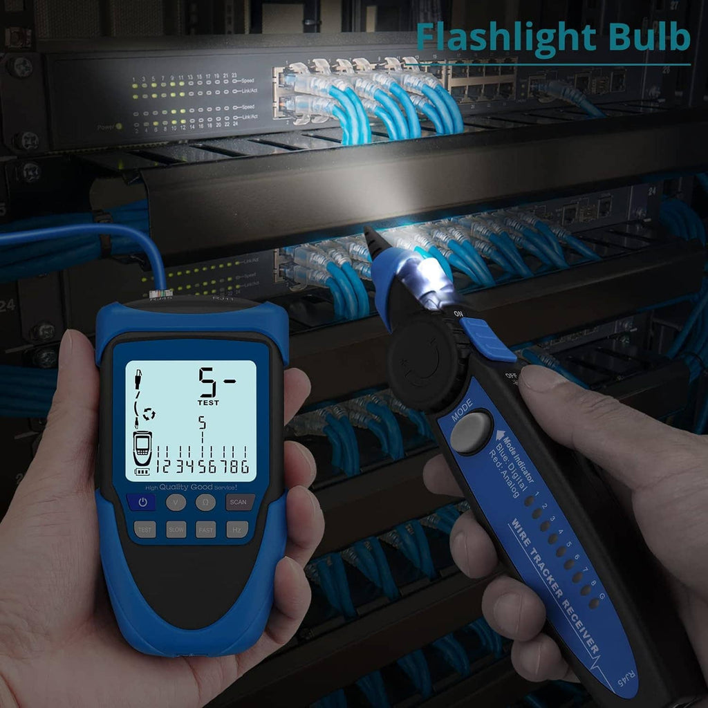 Blue cable tester measuring a network connection in a dark equipment rack