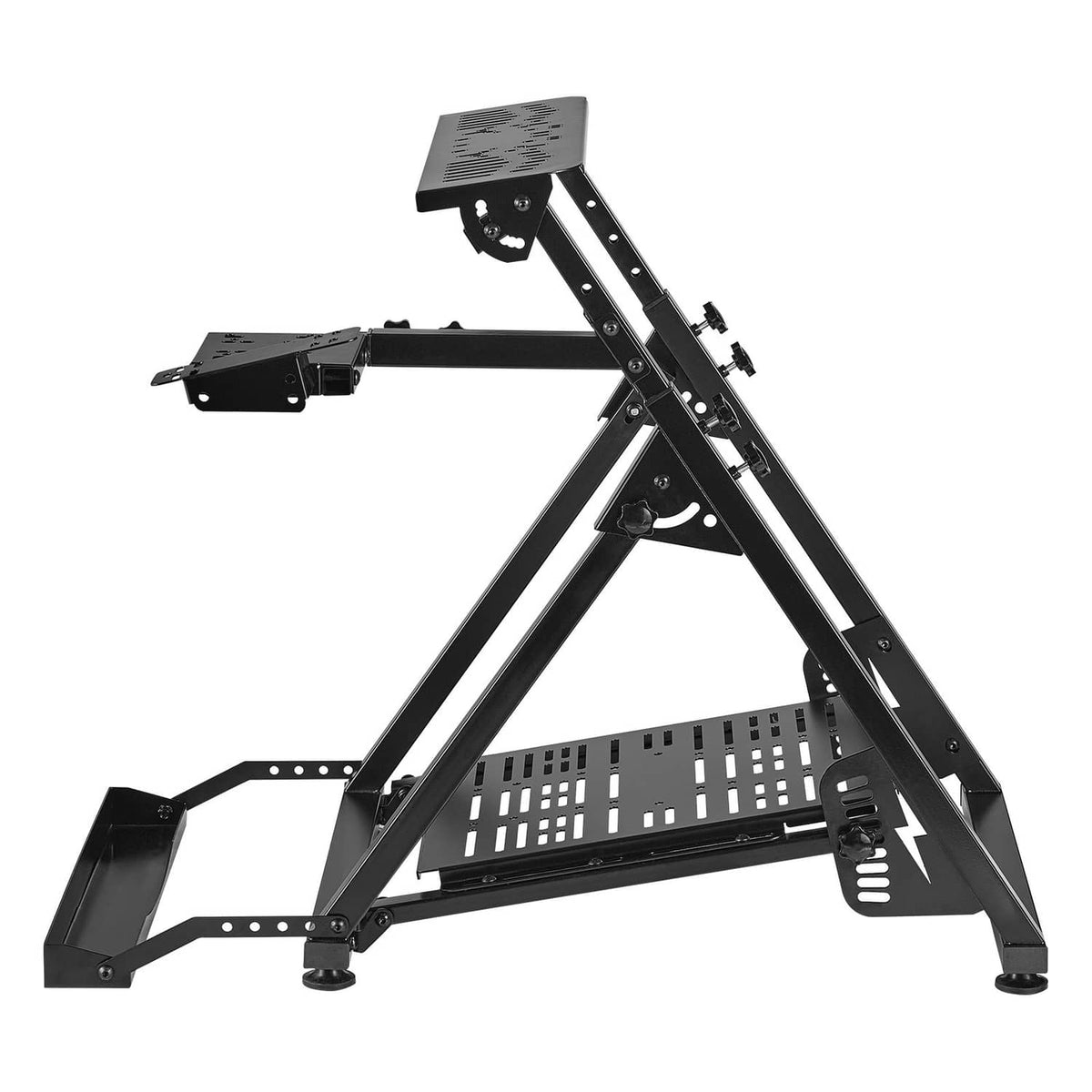 Foldable racing steering wheel stand with angled mount and perforated pedal platform