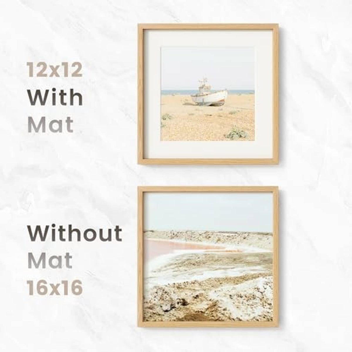 Natural oak picture frames shown with and without white mat insert