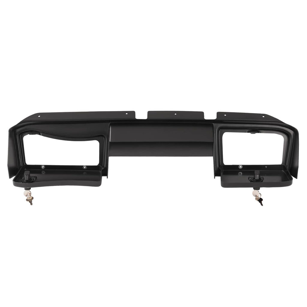 Matte black dash board cover assembly with two rectangular openings and side mounting points.