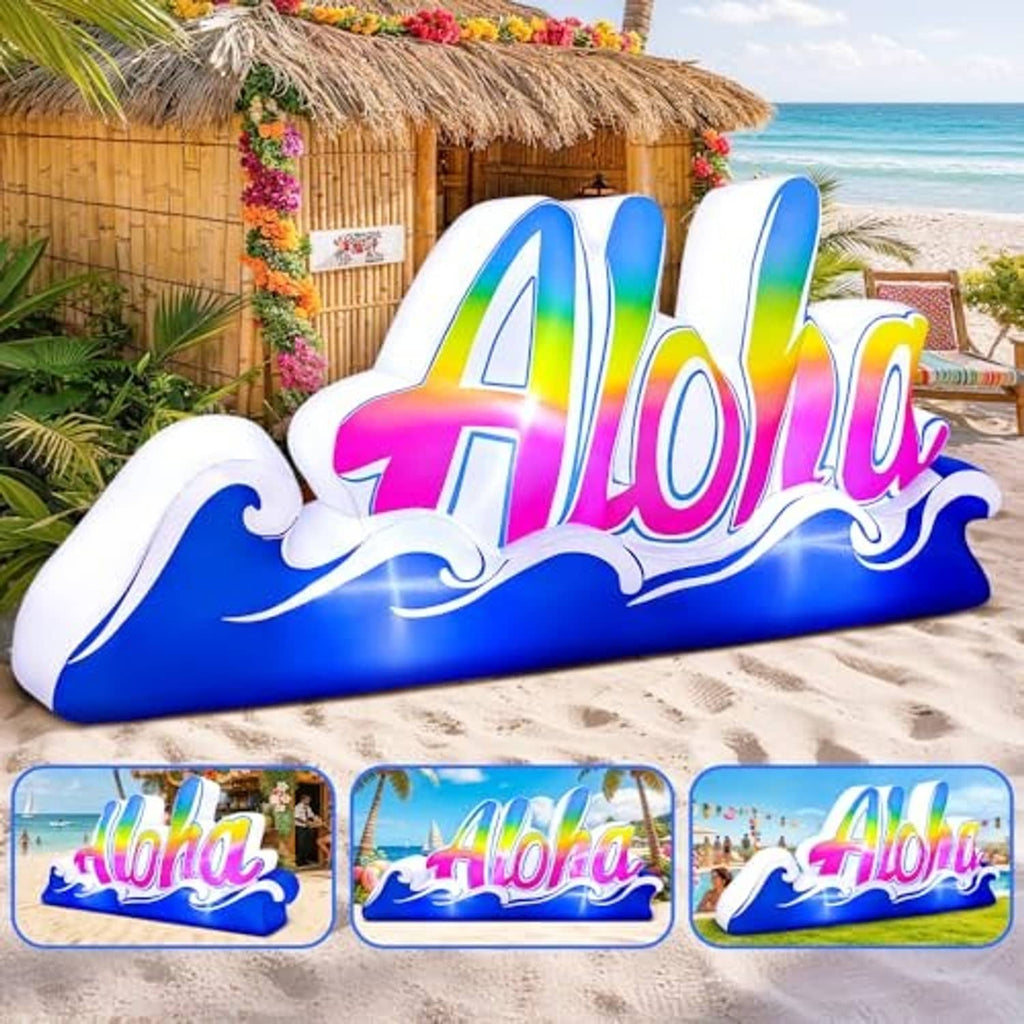 Inflatable Aloha banner sign with wave motif, shown with three matching design panels