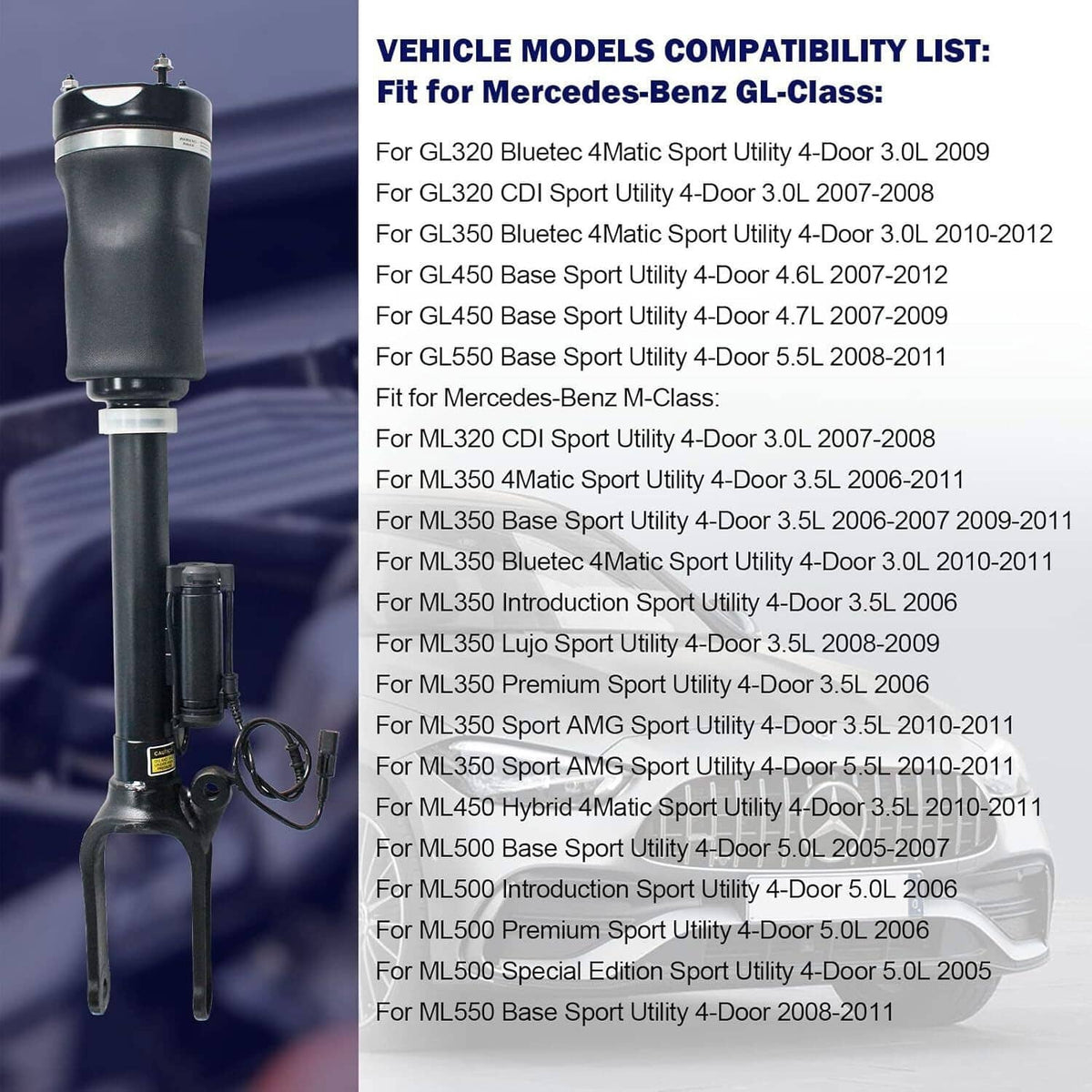 Vehicle compatibility list card for air suspension struts with model names