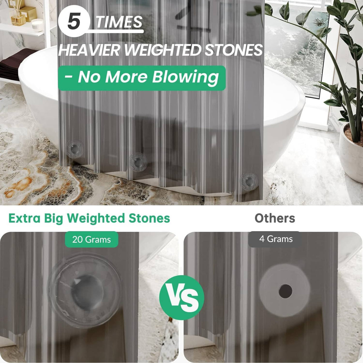 Grey EVA shower curtain with extra weighted stones along the bottom hem