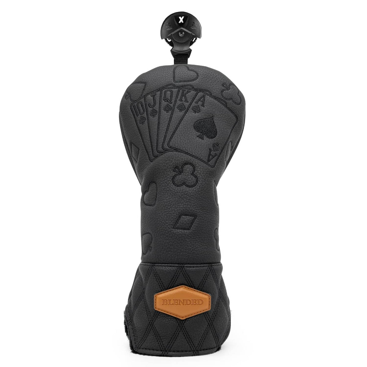 Black poker-card style driver golf club head cover with top grip and tan logo patch.