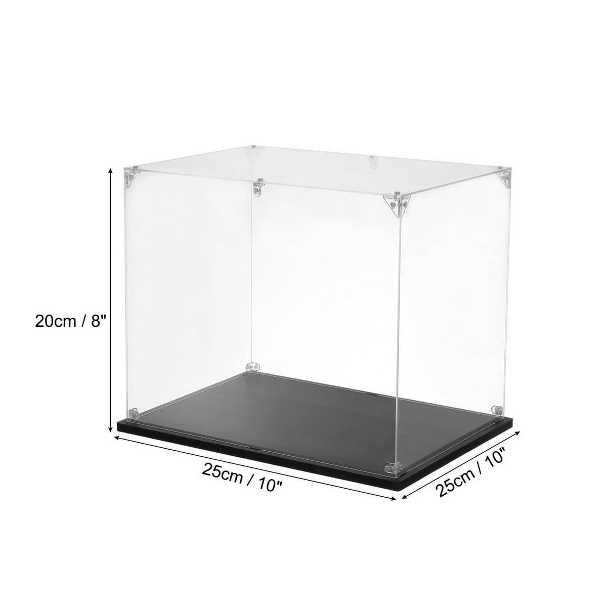 Clear acrylic display case angled view with dark base; measures 10x10x8 in