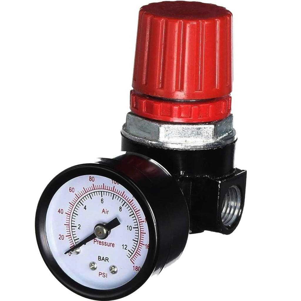 Air compressor pressure regulator with red cap, black body, and dial gauge