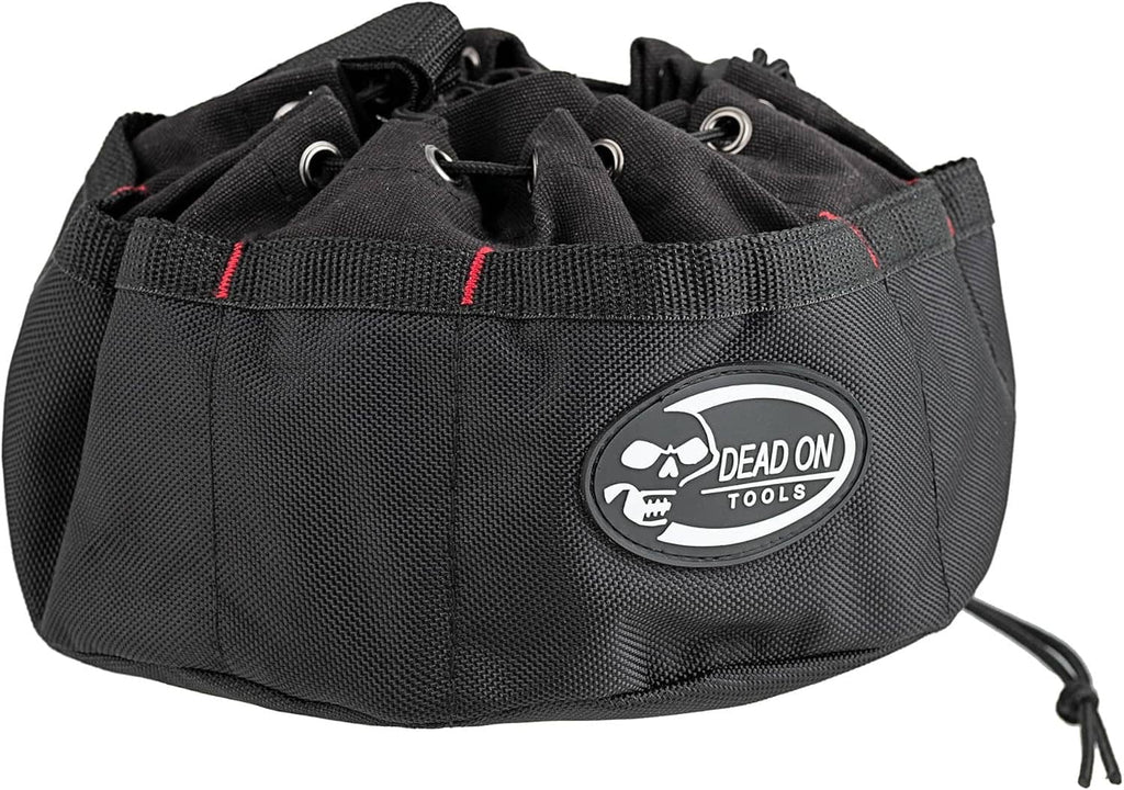 Black parachute bag front view with DEAD ON TOOLS oval logo and drawstring