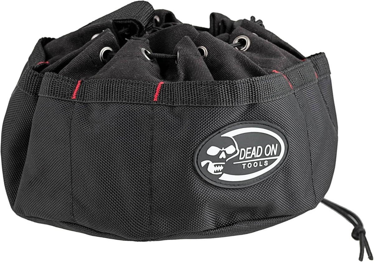 Black parachute bag front view with DEAD ON TOOLS oval logo and drawstring