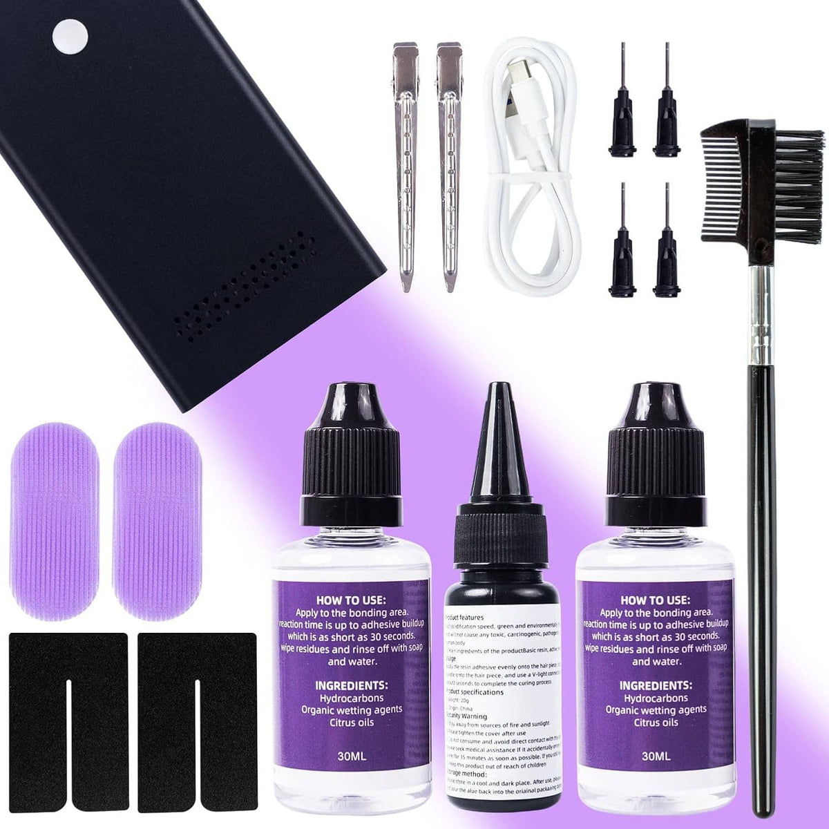 UV lamp hair extension kit: black UV board, glue bottles, needles, clips, brush, and extension tabs