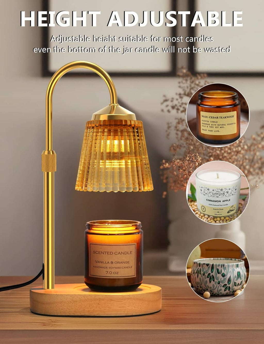 Gold candle warmer lamp with adjustable stand warming a scented jar candle on a wood base