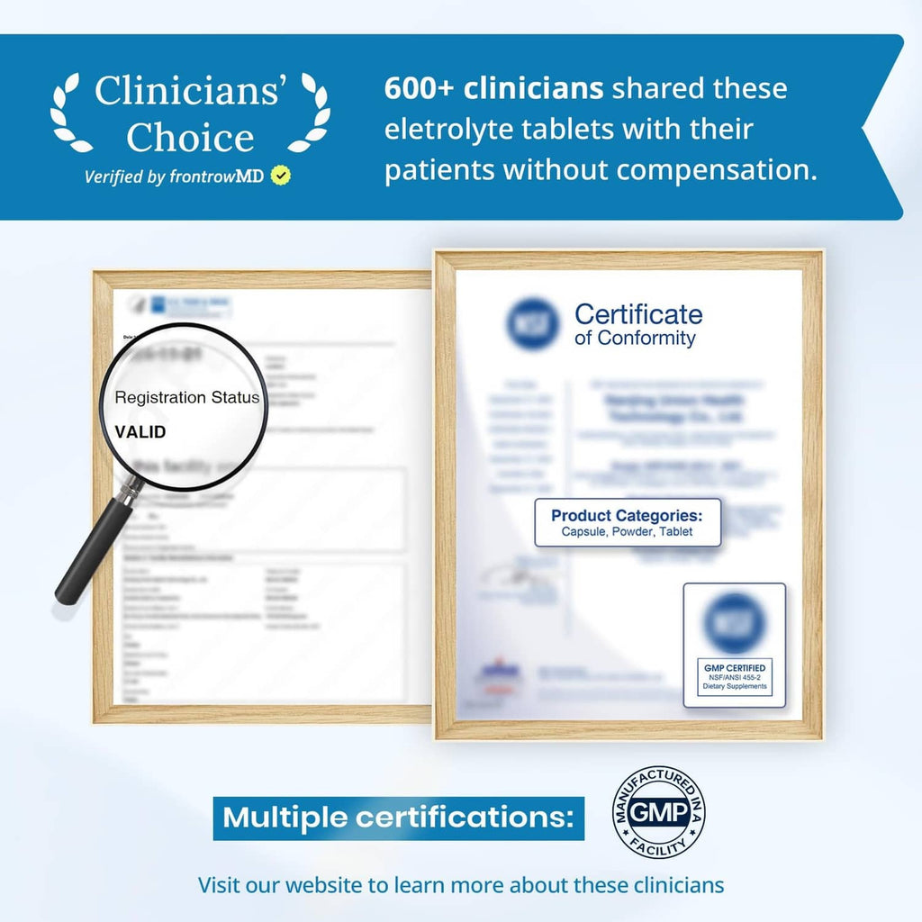 Clinicians' Choice verification badge for electrolyte chewable tablets