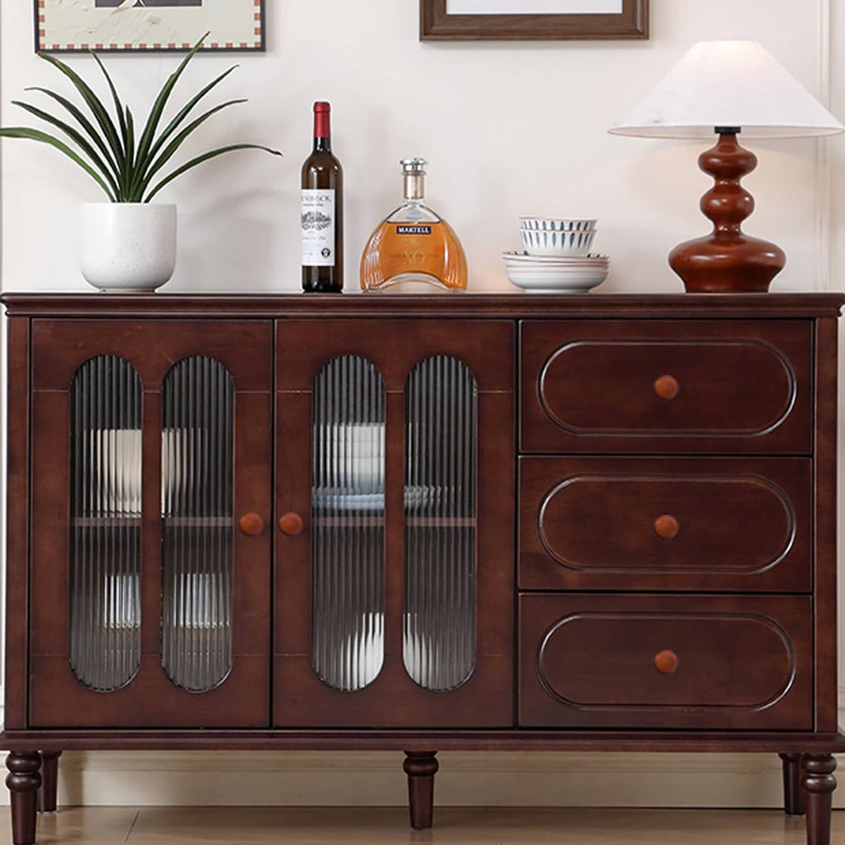 Brown wood dresser knobs on cabinet drawers, round domed mushroom pull shape
