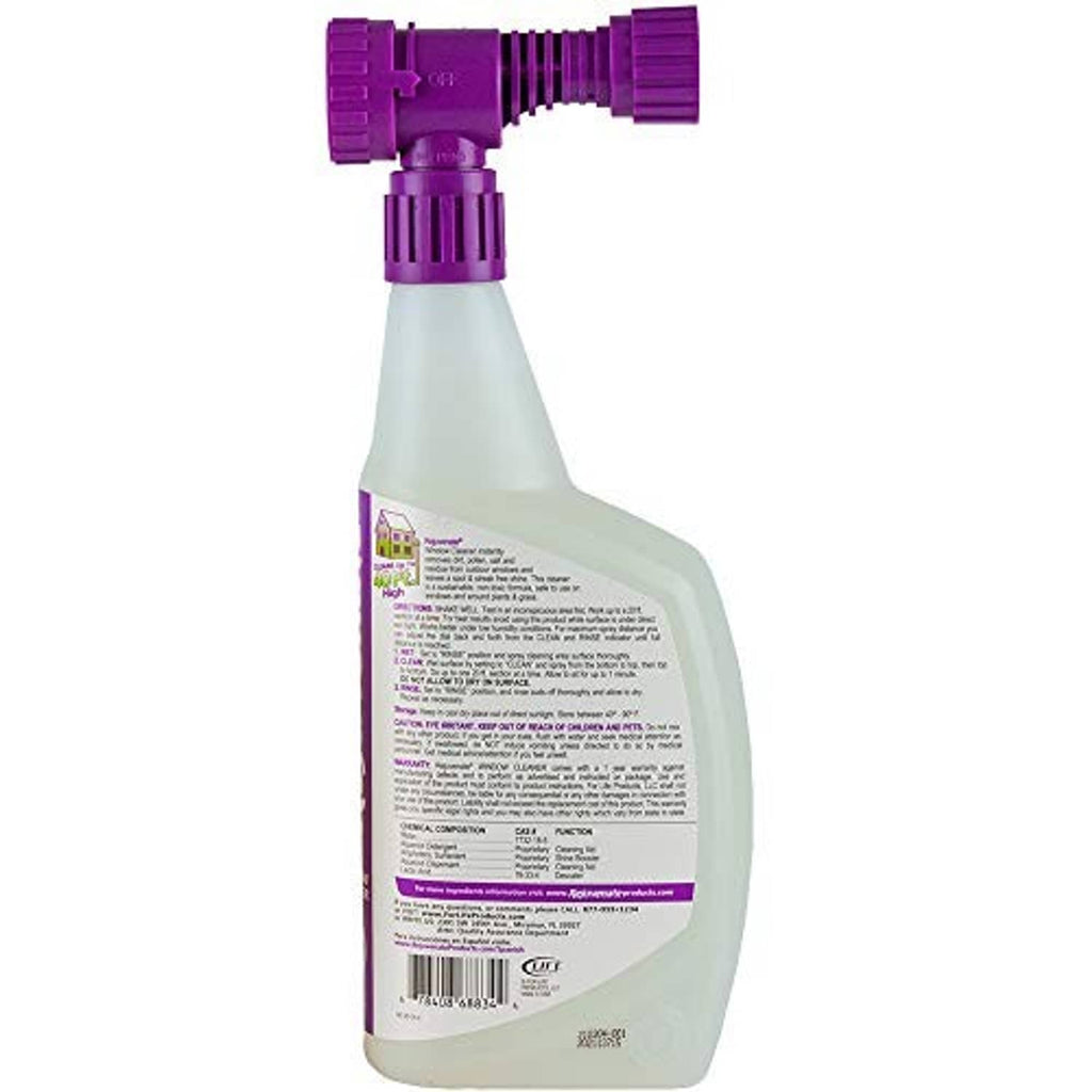 Window cleaner spray bottle with purple spray head, rear label