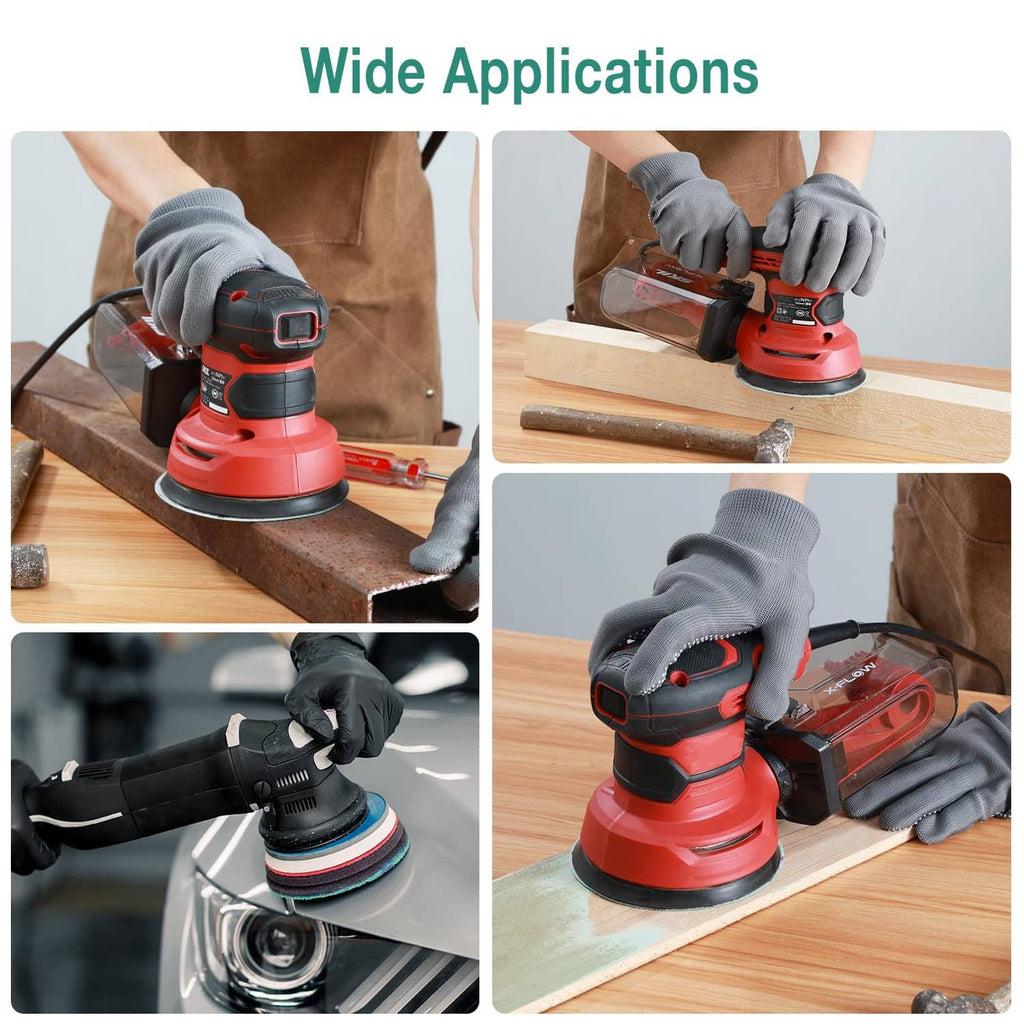 Wet/dry sanding discs used with a handheld sander on wood surfaces