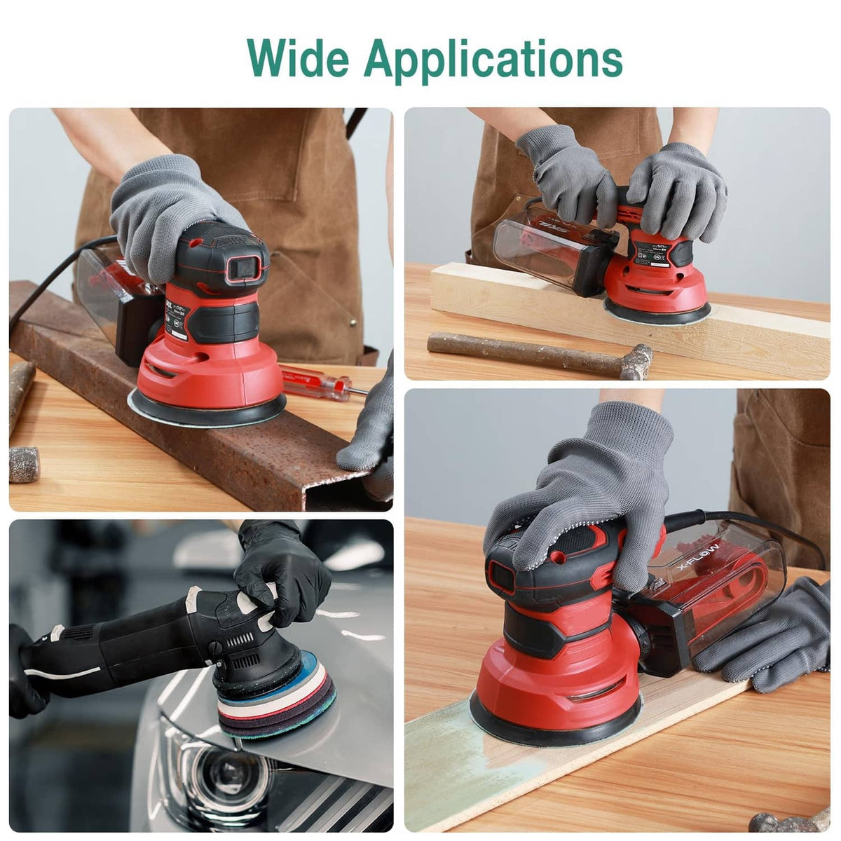 Wet/dry sanding discs used with a handheld sander on wood surfaces