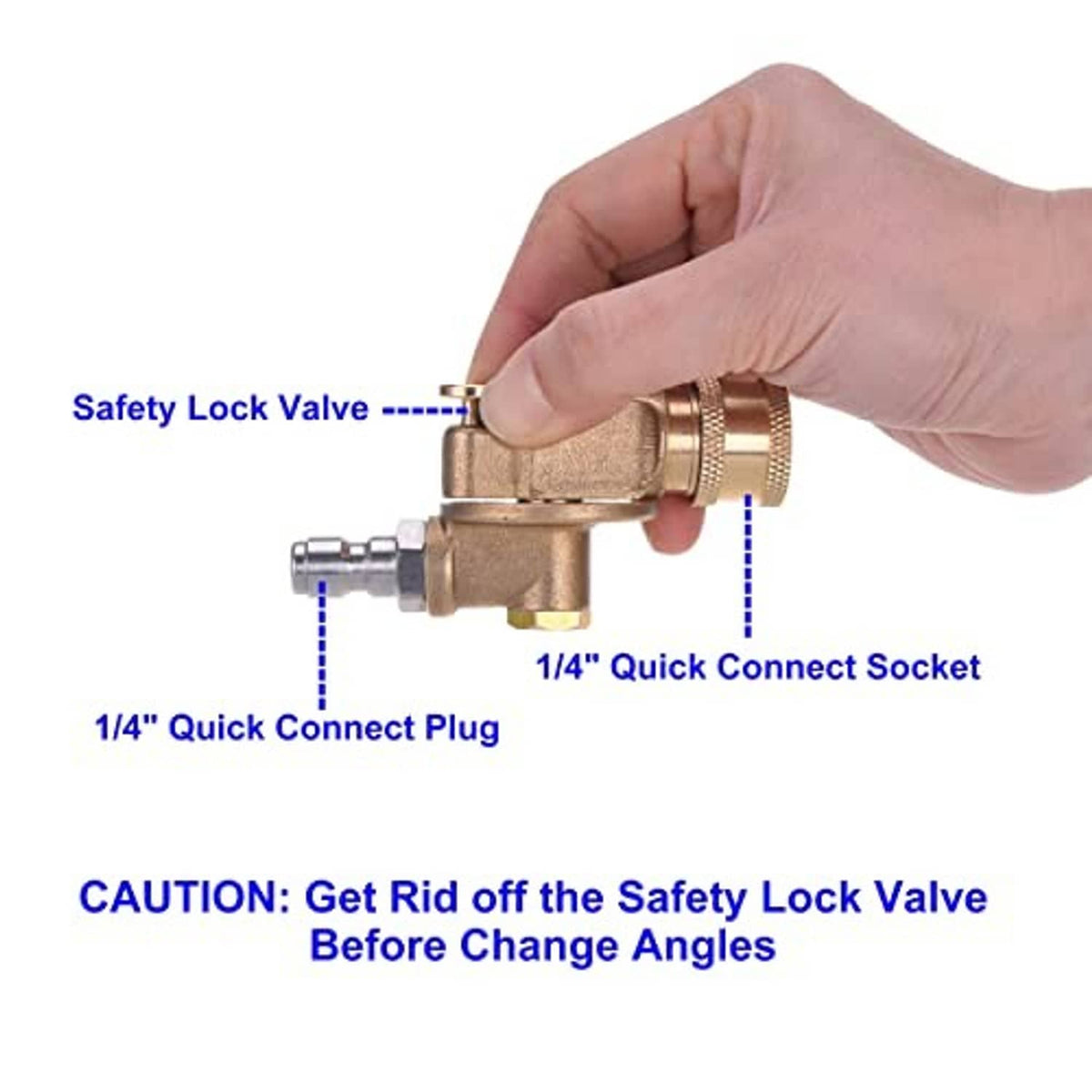 Brass pressure washer coupler held by hand with 1/4 in quick-connect plug