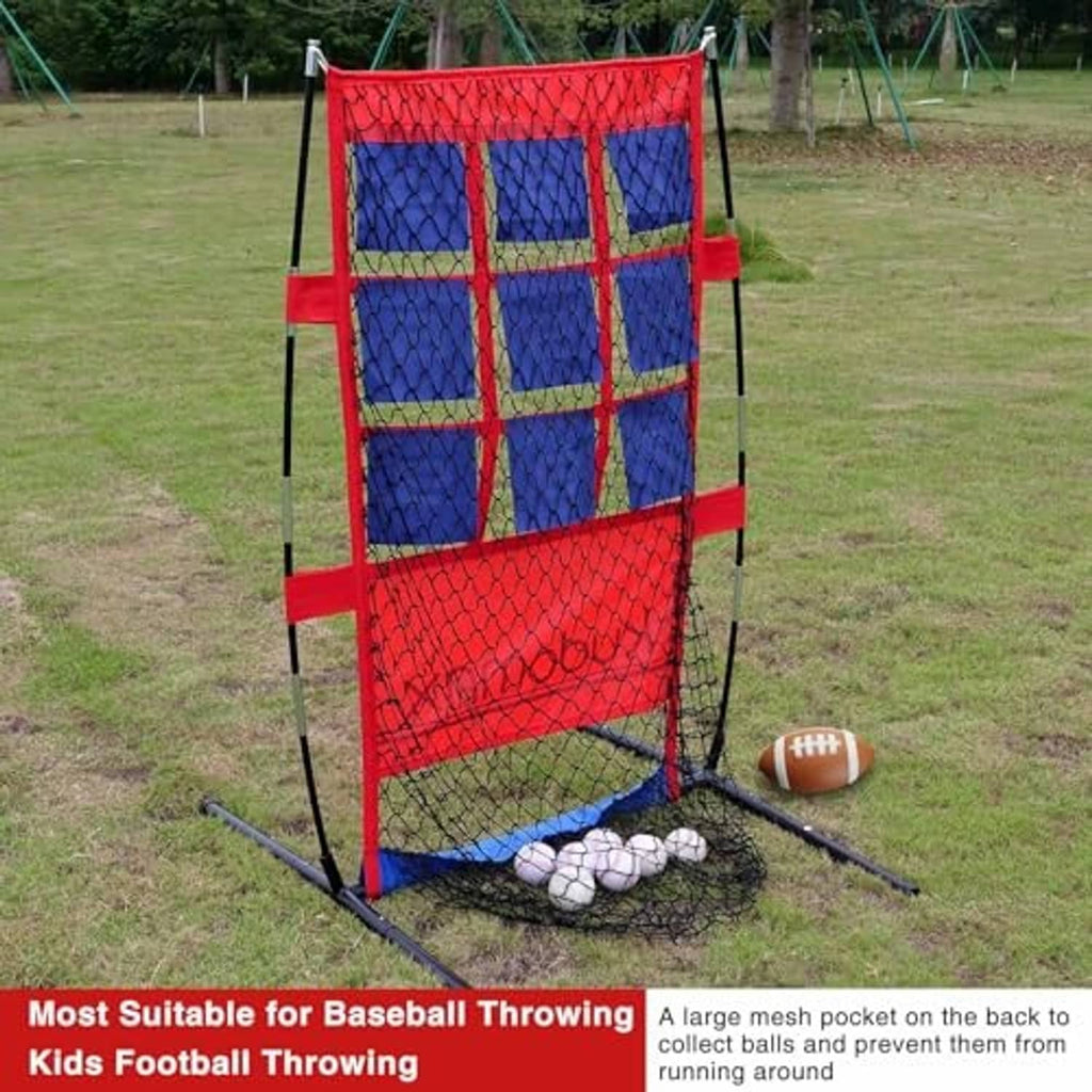 Pitching target net with red frame and blue mesh pockets, balls and training sandbags nearby