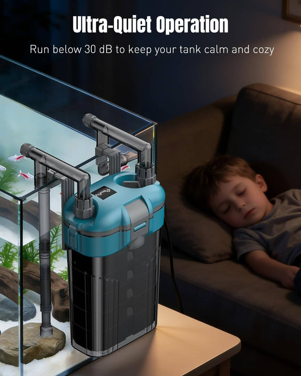 Blue hang-on-back aquarium filter with spray outlet and vertical inlet tube