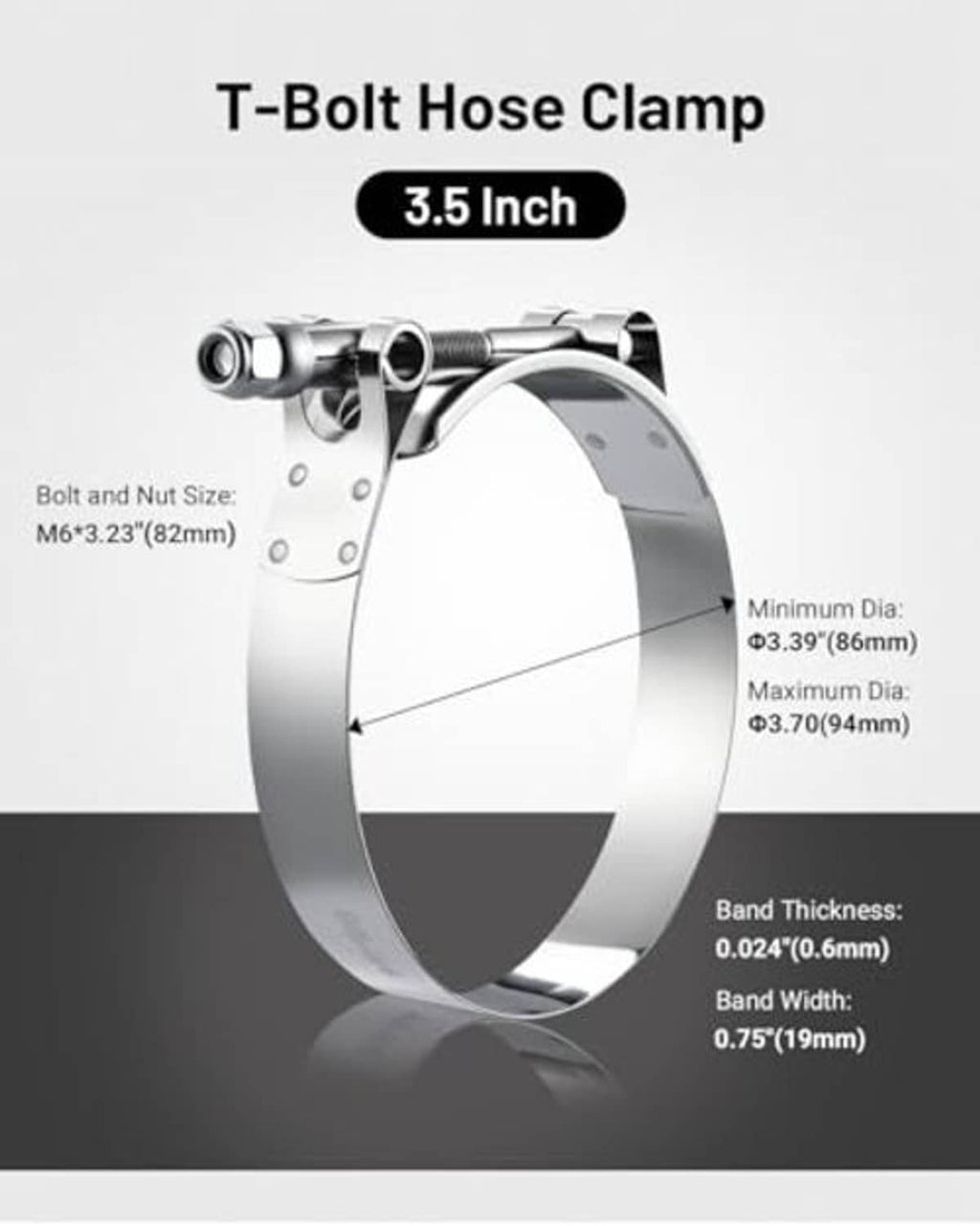 3.5-inch stainless T-bolt hose clamp with perforated band and T-bolt screw