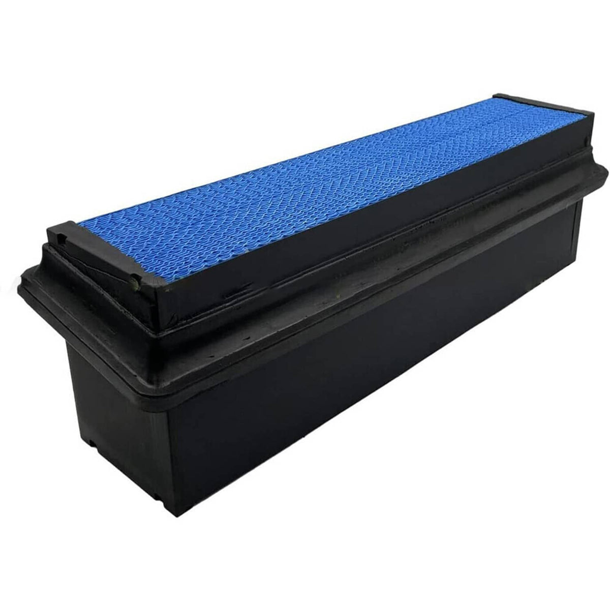 Engine air filter with blue pleated element in black rectangular housing