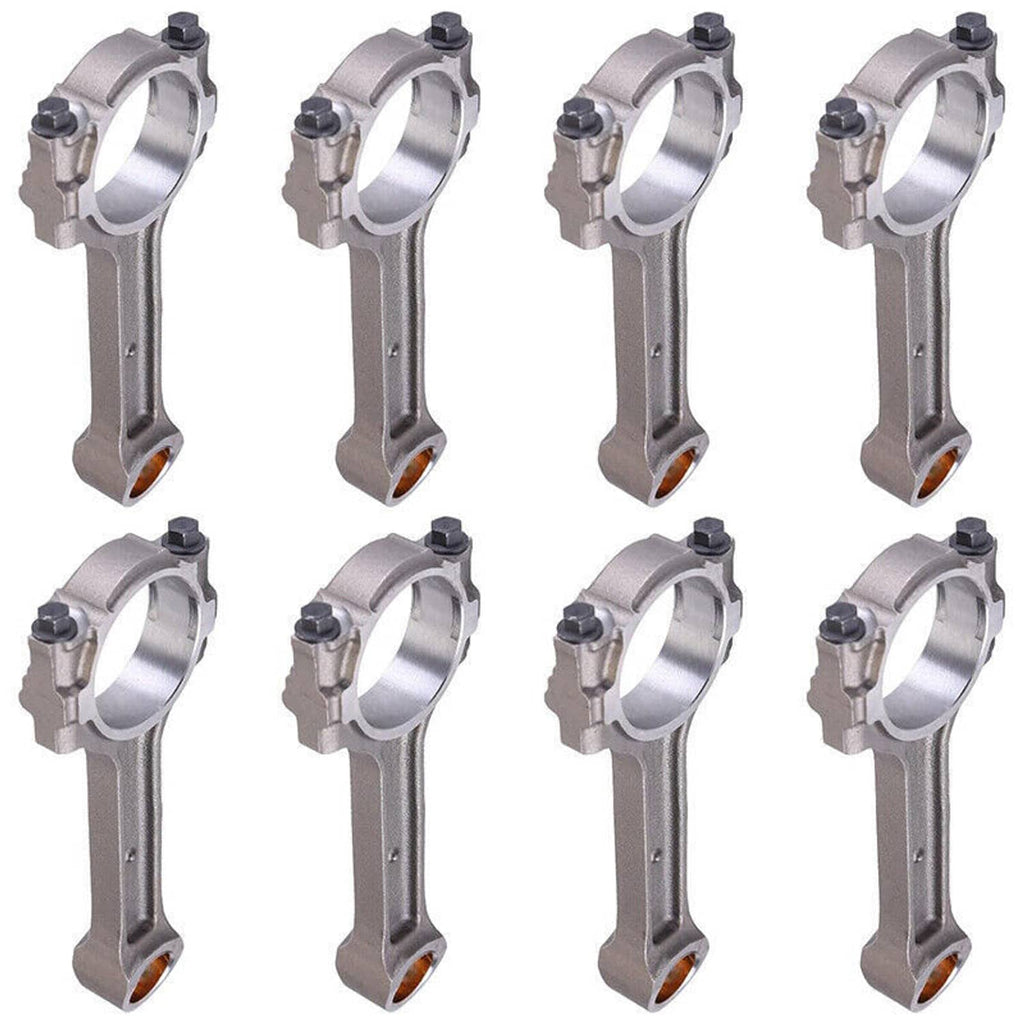 Eight connecting rods in angled view, silver finish with bronze bearing inserts