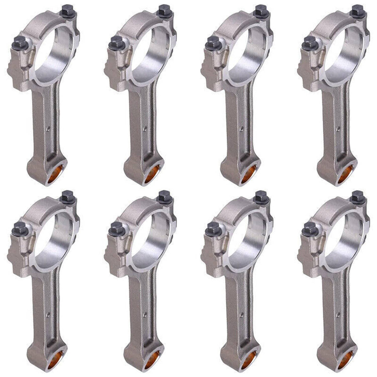 Eight connecting rods in angled view, silver finish with bronze bearing inserts