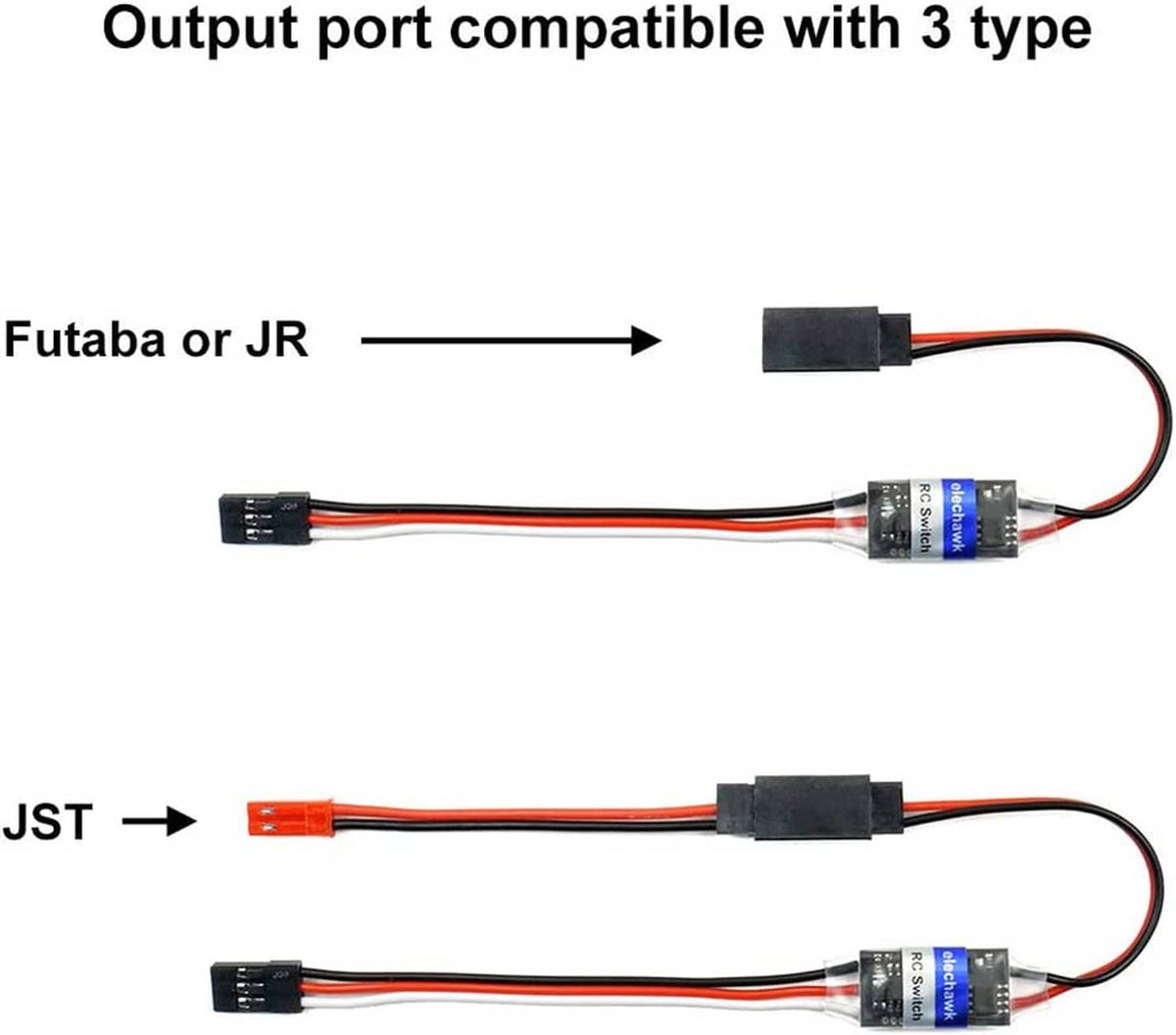 RC relay output cable with Futaba/JR and JST-compatible connector options