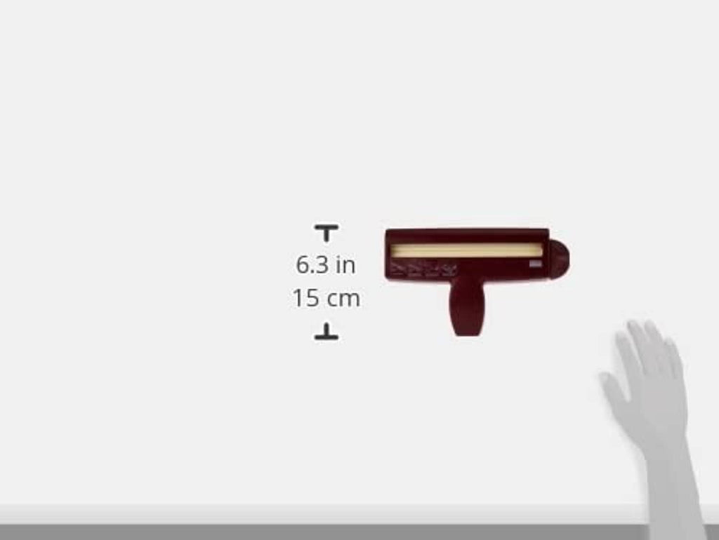 Compact handheld paper crimper with straight ridged rollers and short maroon handle