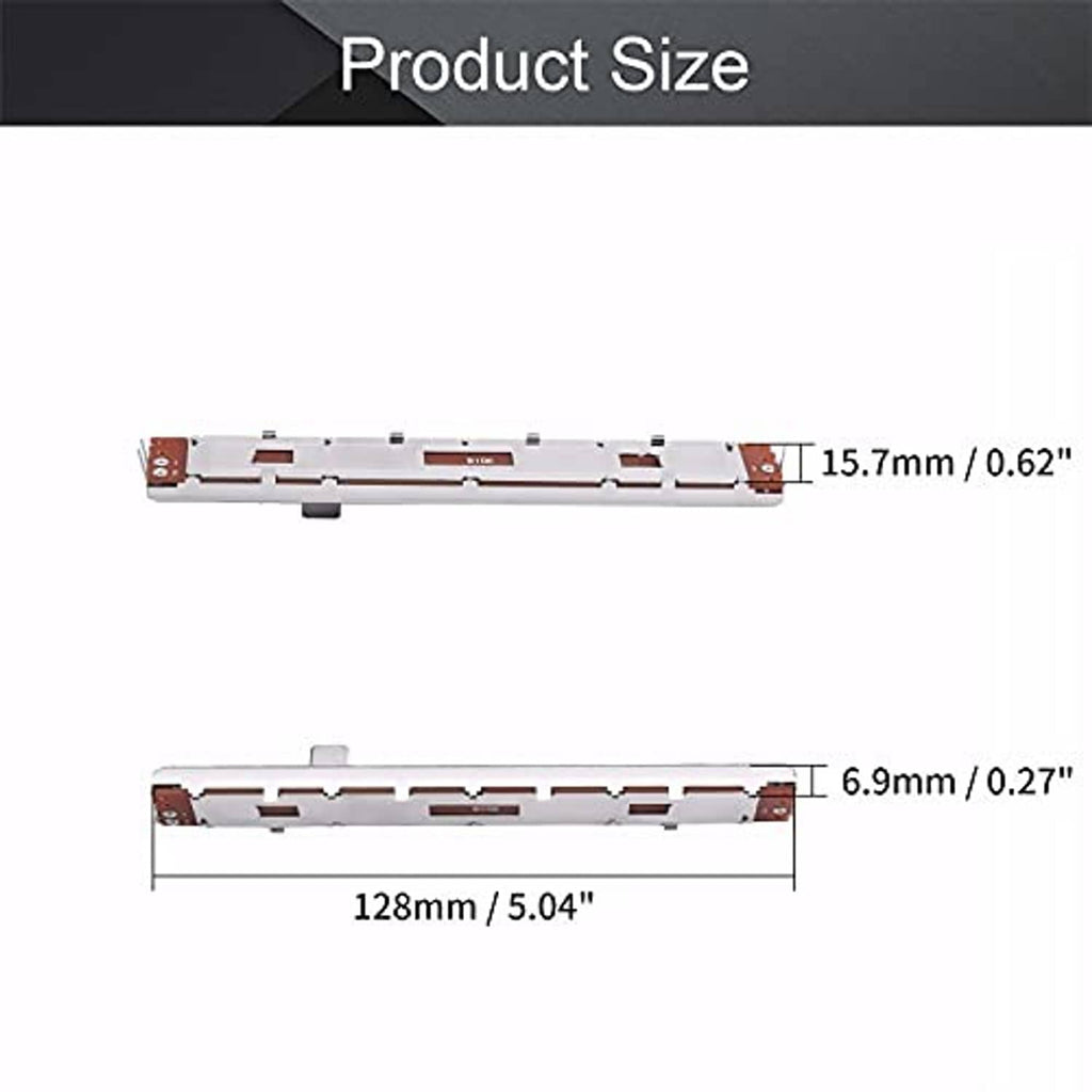Slide potentiometer fader size: 128 mm length, 15.7 mm width, 6.9 mm height