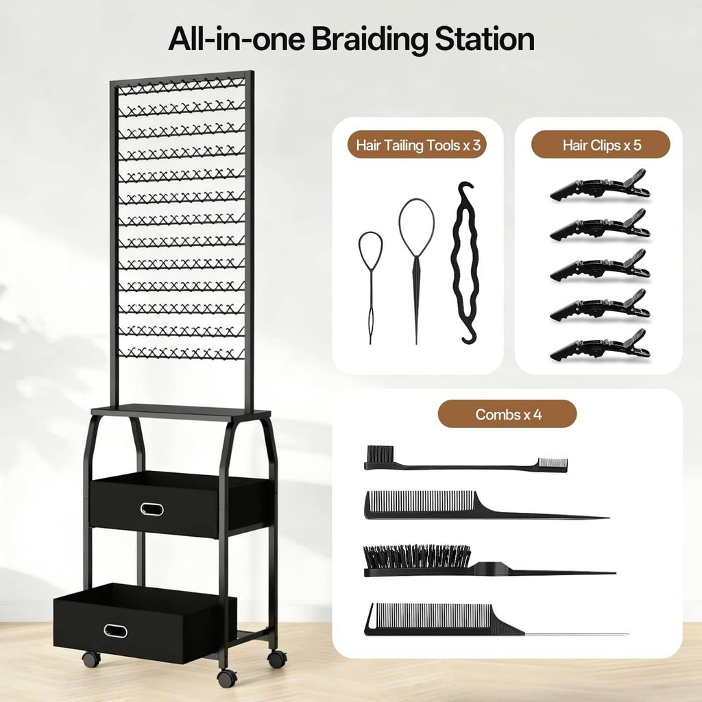 RivetOak Portable Braiding Hair Rack with Wheels & Storage Large, Black