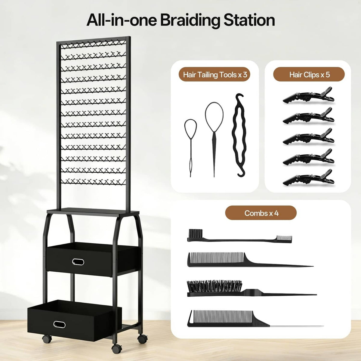 RivetOak Portable Braiding Hair Rack with Wheels & Storage Large, Black