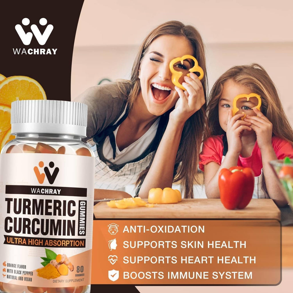 Turmeric curcumin gummies bottle beside smiling people at a dining table