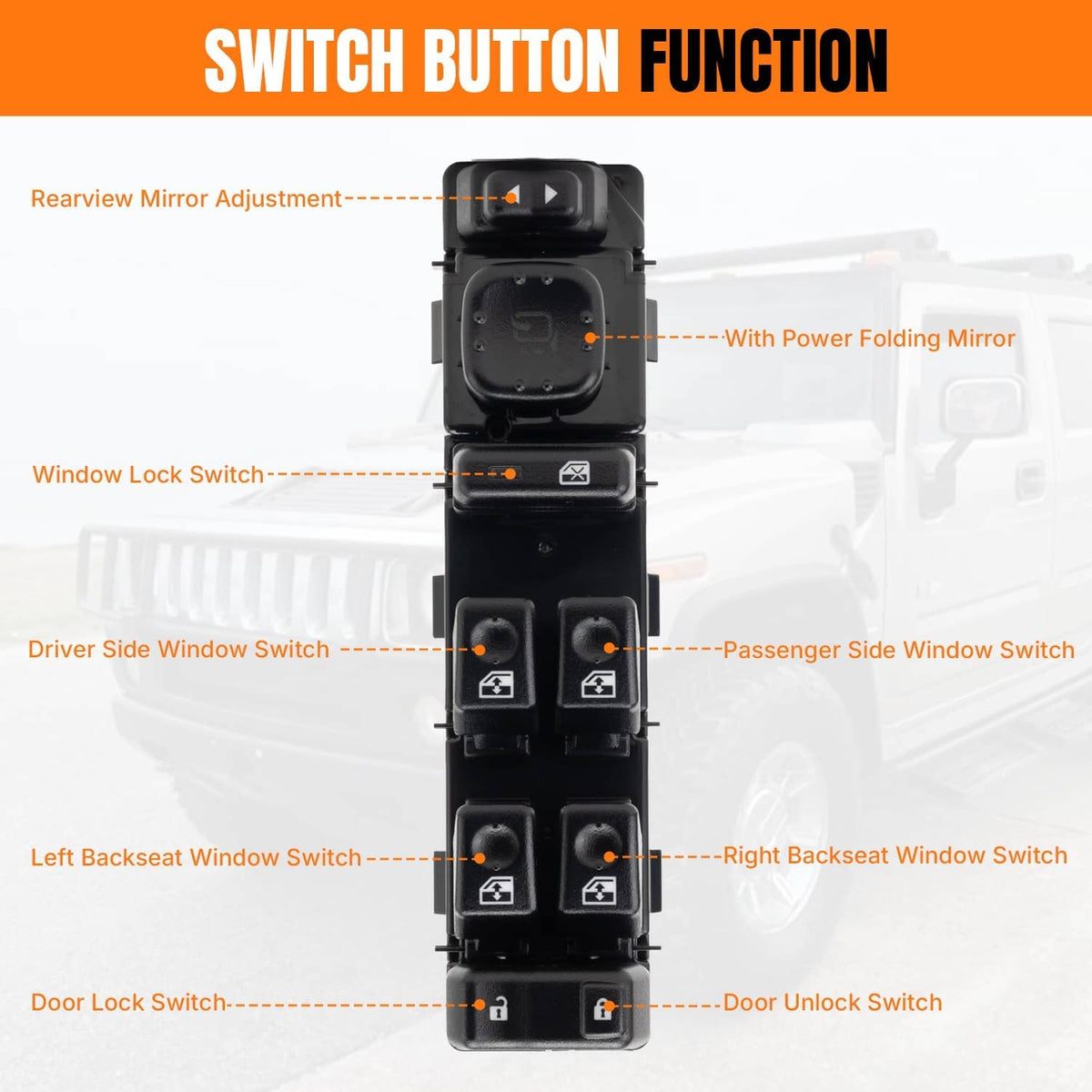Master power window switch button layout diagram on a black switch module
