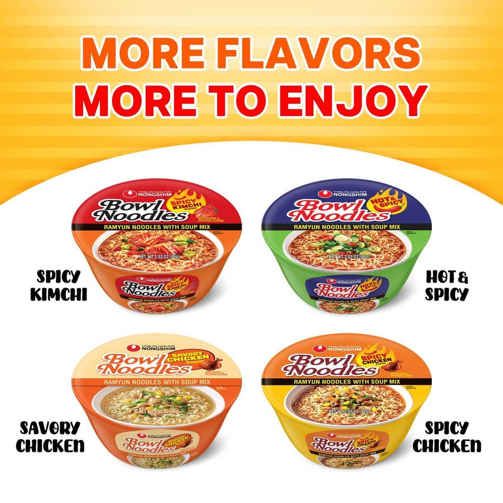 Variety pack of Nongshim Bowls ramen cups: spicy kimchi, hot & spicy, savory chicken