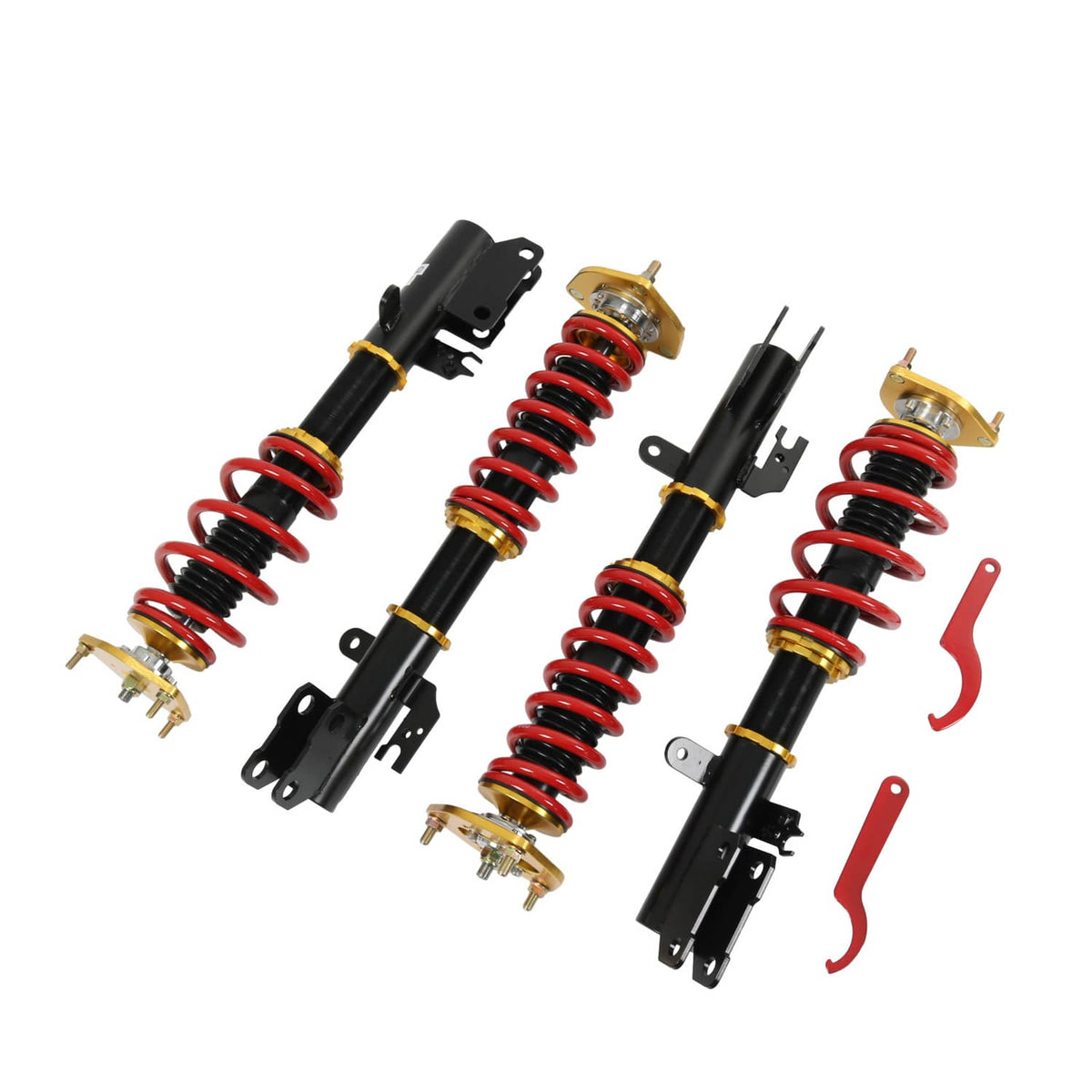 Coilover suspension struts with red springs, black bodies, gold upper plates and brackets