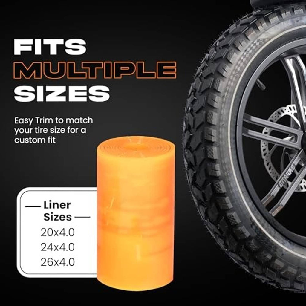 Orange bike tube liner roll beside a bike tire, showing multiple fit sizes.