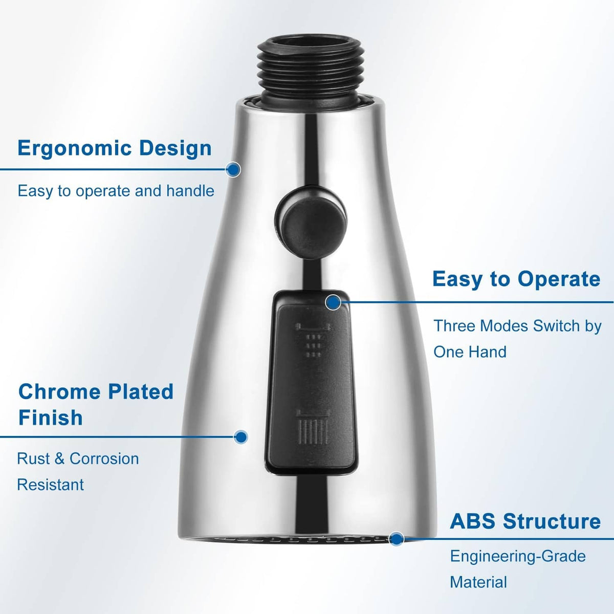 Chrome faucet head replacement with black mode switch and ABS engineering-grade body