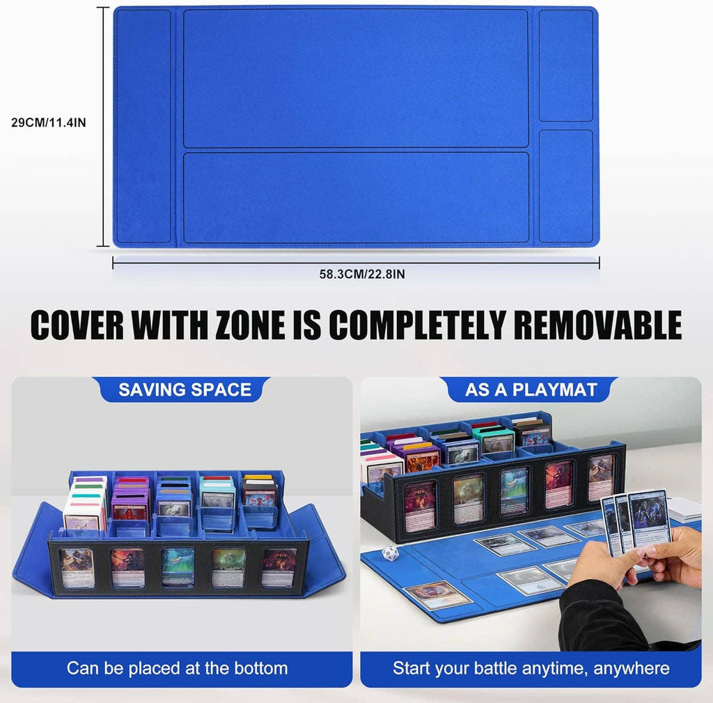 Blue 5-row trading card storage box with completely removable cover panel