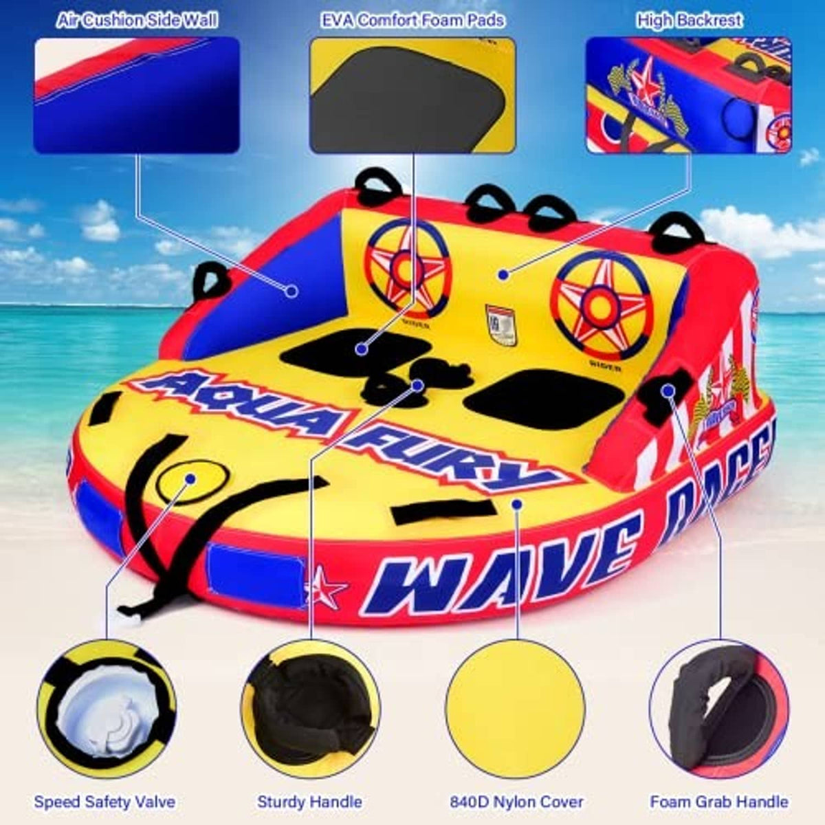 Inflatable towable tube with side air cushion and foam pads, high backrests and multiple handles
